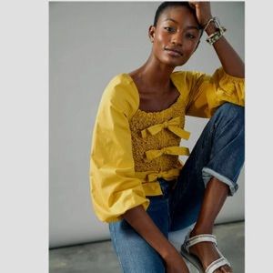 Anthropologie Tilly Smocked Bow-Tie Blouse by Mare Mare M